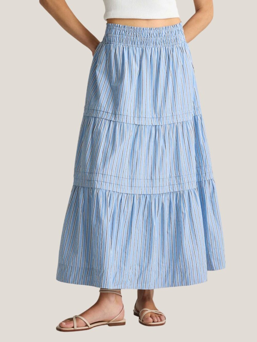 Quince Organic Cotton Poplin Tiered Maxi Skirt Striped Tribeca Stripe Blue Small